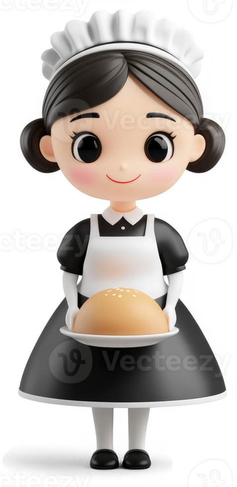 Cheerful maid serving a bread roll. png