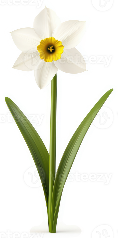 White daffodil flower with vibrant green leaves. png