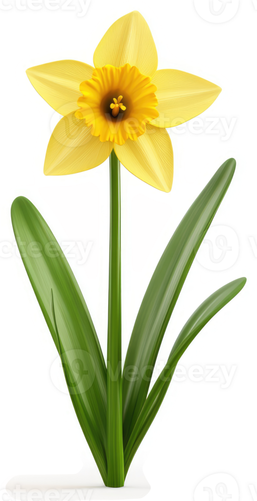 Yellow daffodil with vibrant green leaves. png