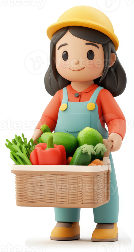 Smiling girl carries a basket full of fresh vegetables. png
