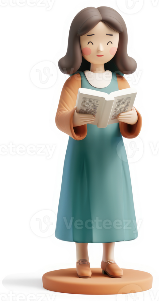 Smiling girl in teal dress reads an open book. png