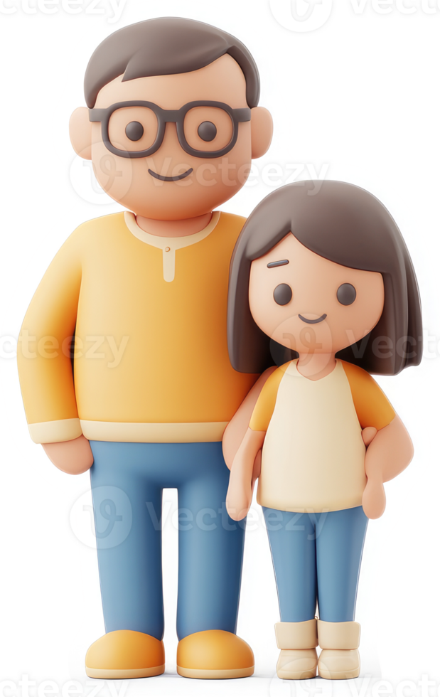 Smiling father and daughter stand close, displaying familial affection. png