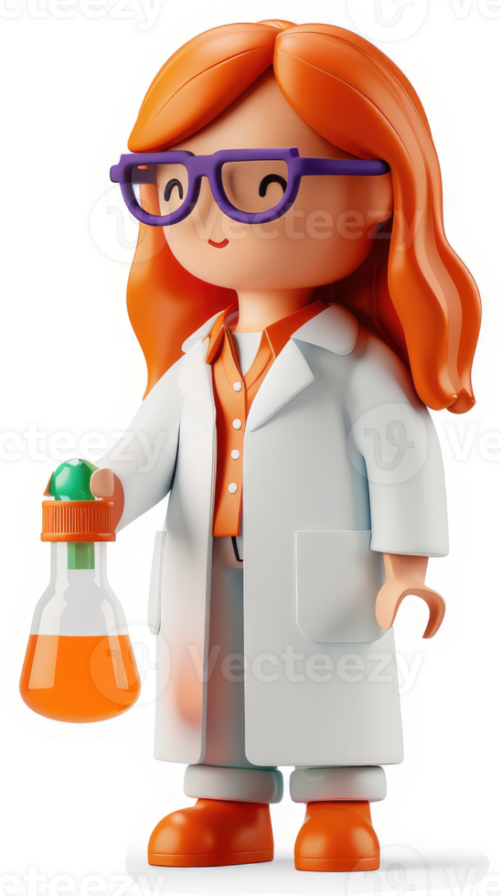 Friendly female scientist figure with orange hair and lab equipment. png