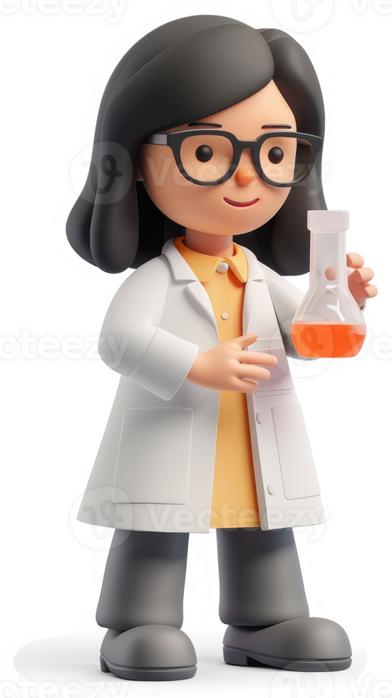 Cartoon female scientist holds a beaker. png