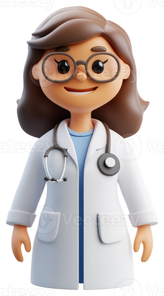 Smiling female doctor character in a white coat. png