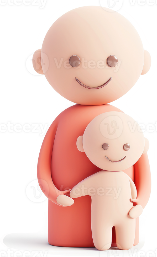 Smiling cartoon father and child embrace. png