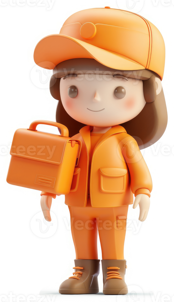 Cheerful cartoon delivery girl in bright orange uniform. png
