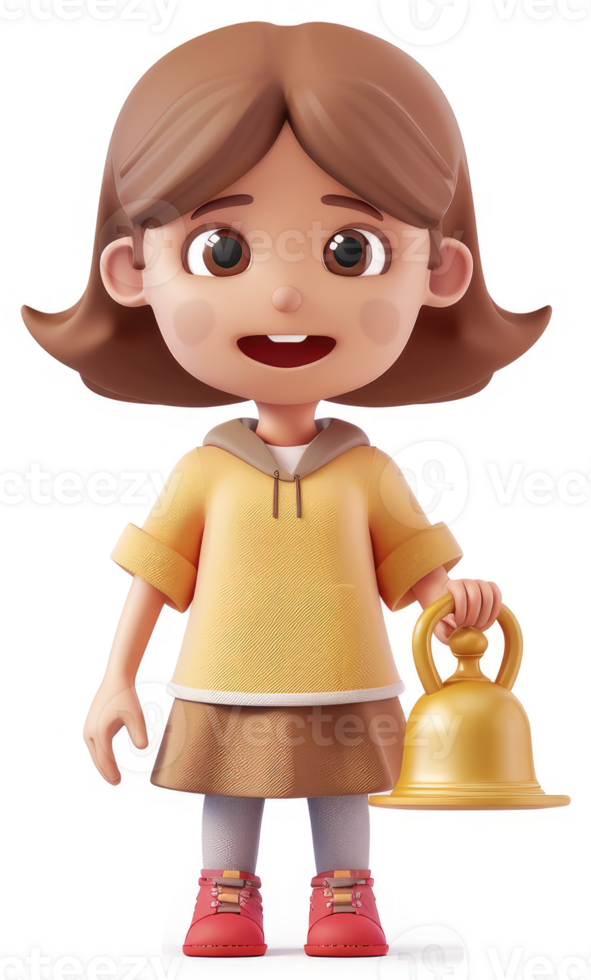 Cheerful cartoon girl holding a golden bell. png