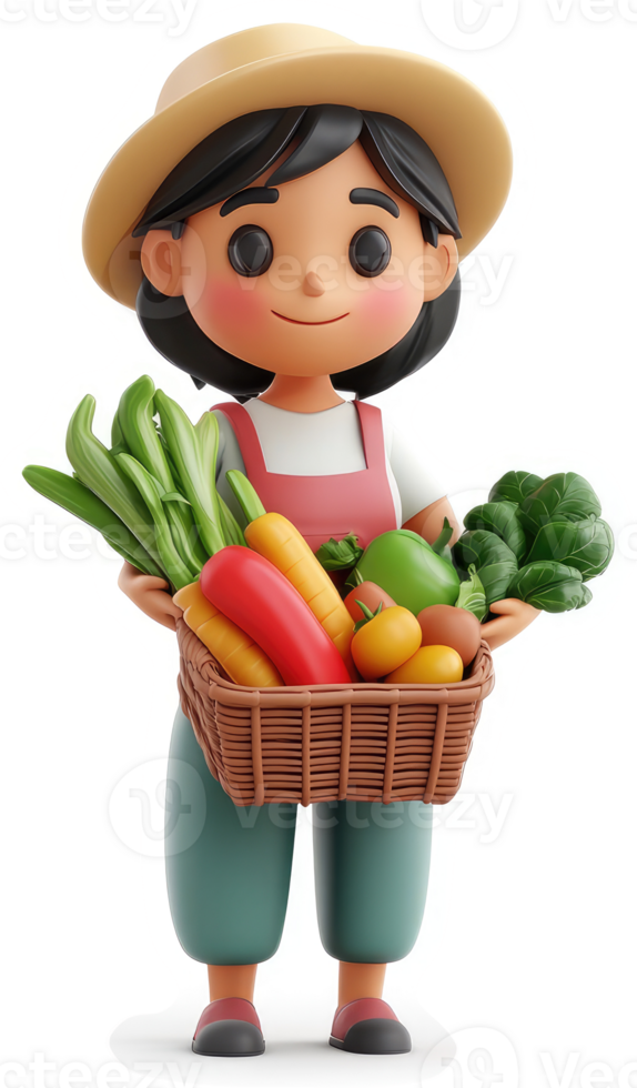 Smiling girl holds a basket full of fresh produce. png