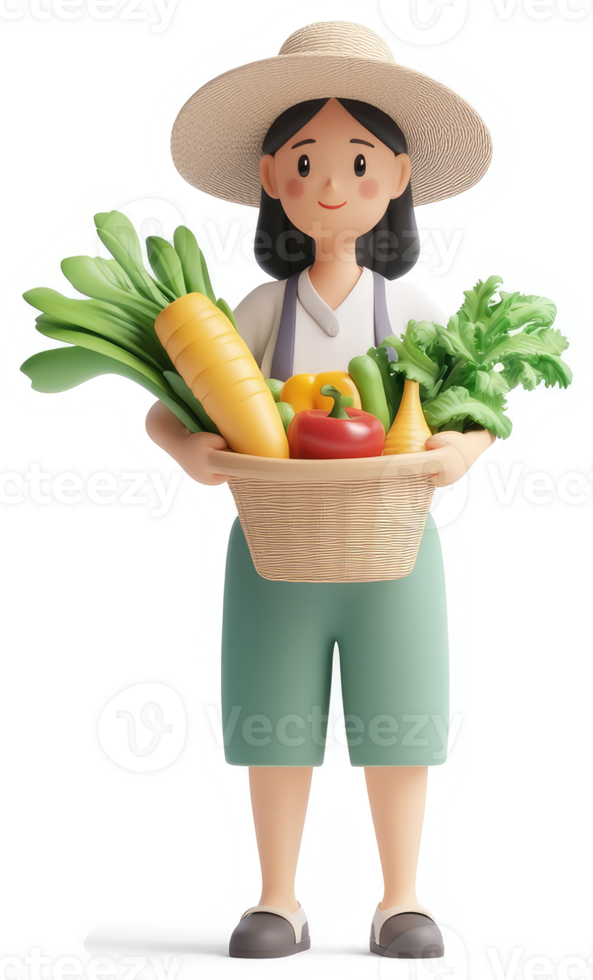 Smiling cartoon farmer holds a basket of fresh produce. png
