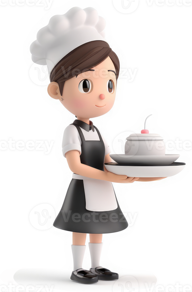 Cute cartoon chef girl serving a dessert. png