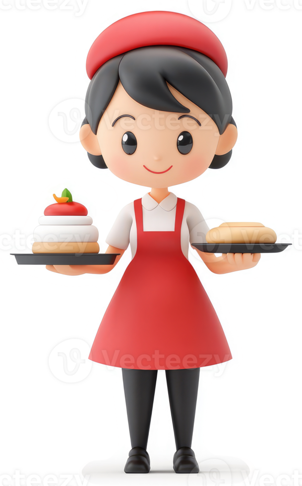 Smiling pastry chef character holding trays of food. png
