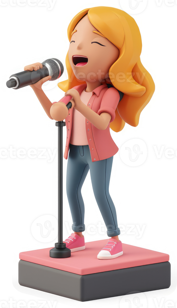 Cartoon girl joyfully sings into a microphone on a small stage. png