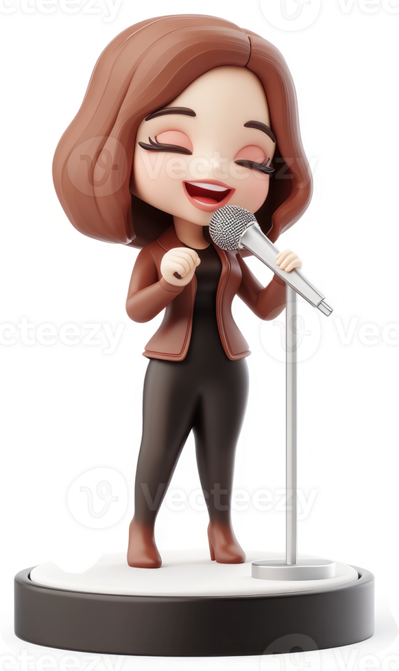Smiling cartoon woman sings into a microphone. png
