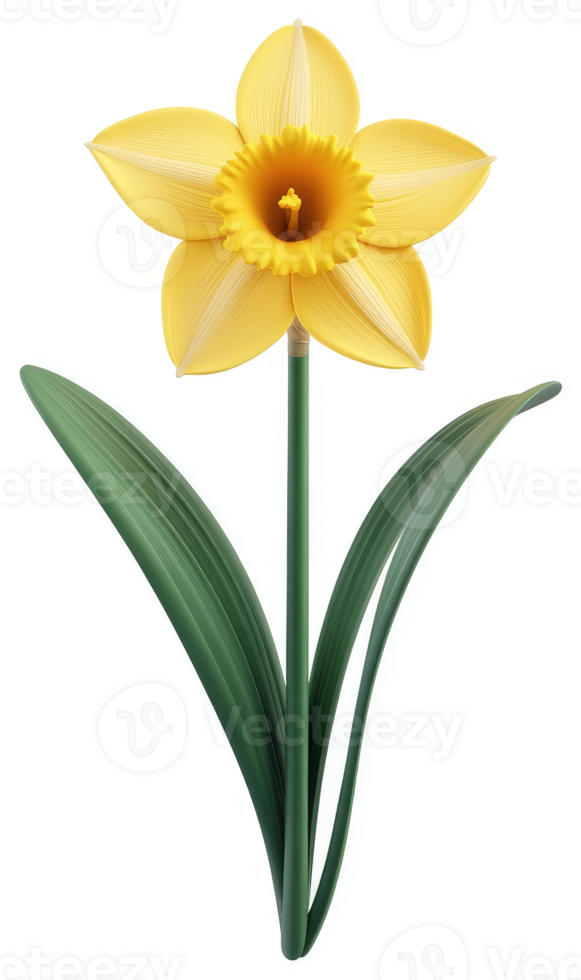 Isolated daffodil with vibrant yellow petals and green leaves. png