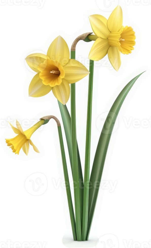 Three daffodils grace a white background. png