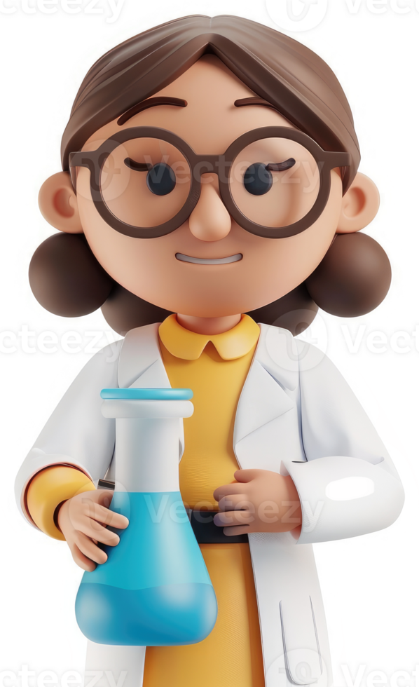 Smiling female scientist character holding a beaker. png