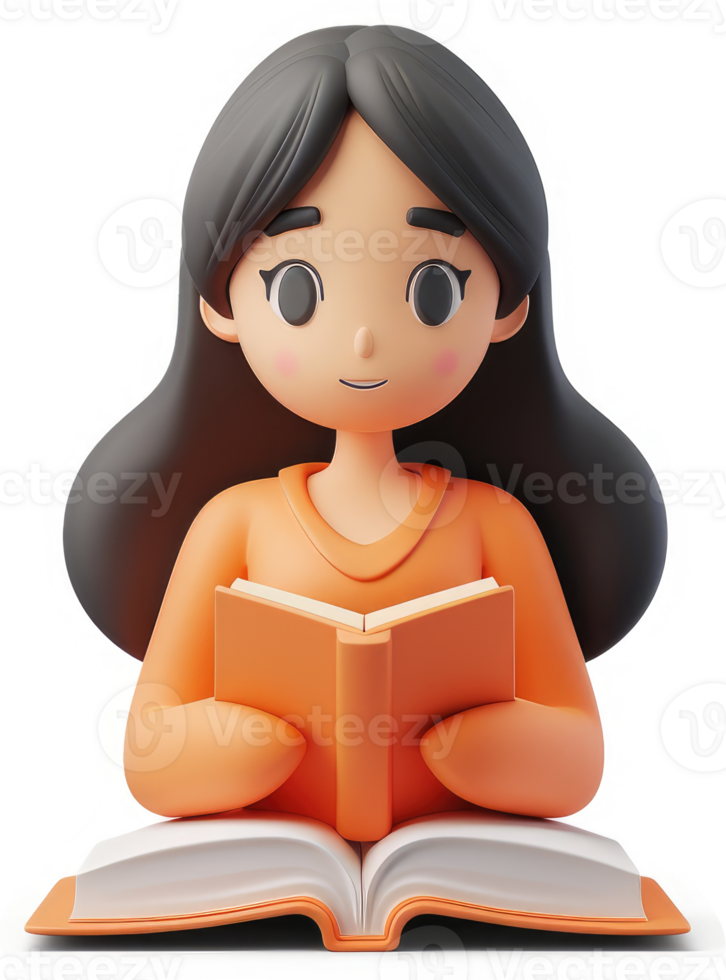Smiling cartoon girl engrossed in reading a book. png