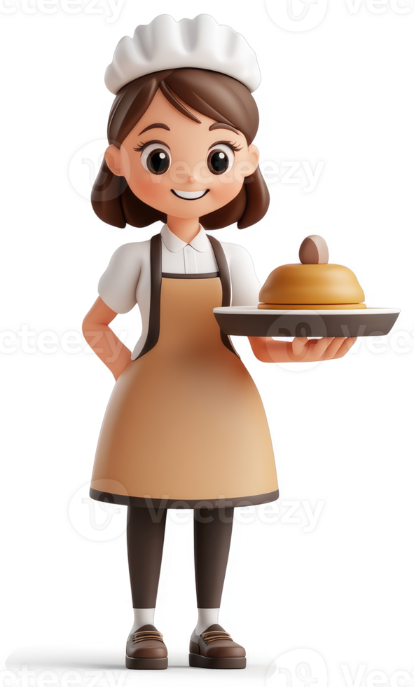 Smiling cartoon chef girl presenting a dish. png