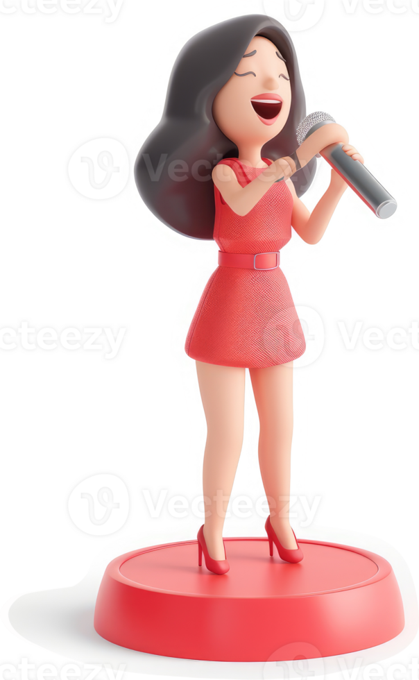 Animated female vocalist performing on a stage. png