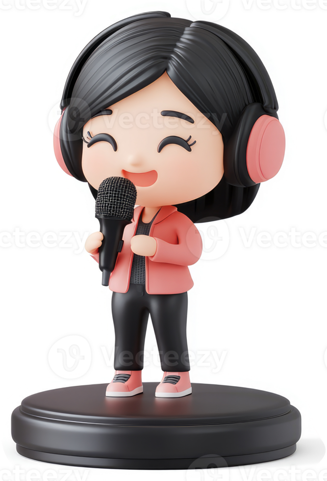 Joyful anime girl character sings into a microphone. png