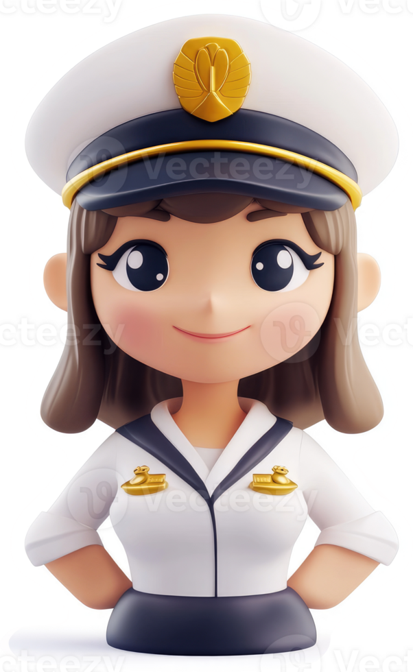 Smiling cartoon female officer in naval uniform. png