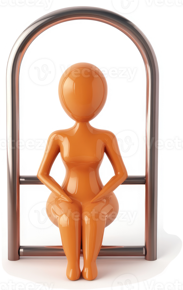 Orange figure seated within a metallic archway. png