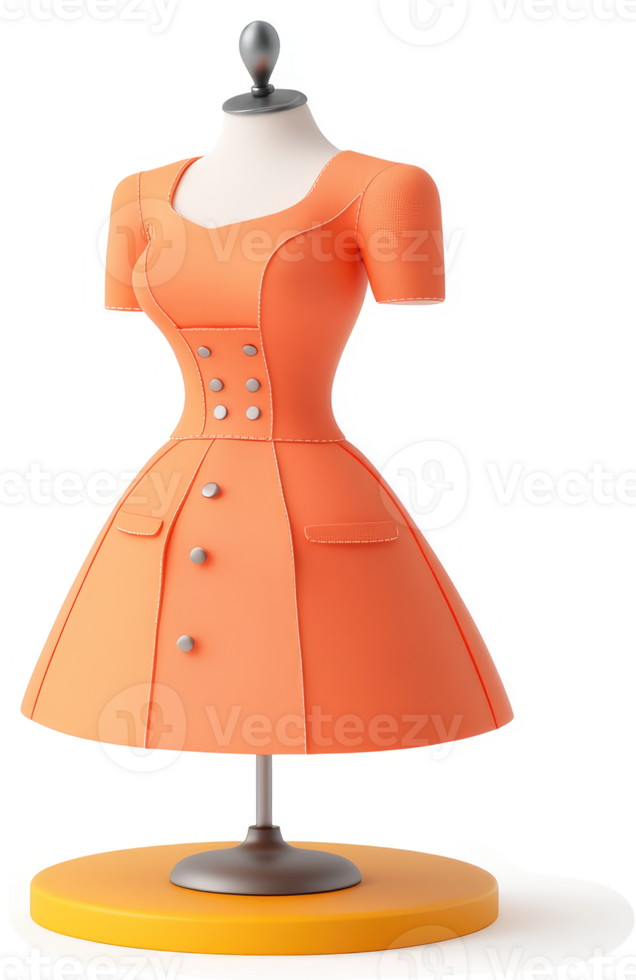 Coral-colored dress displayed on a mannequin. png