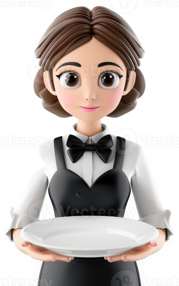 Cartoon waitress holding an empty plate. png