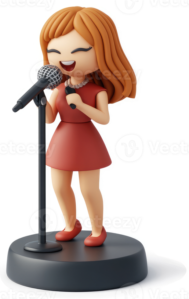 Cartoon girl sings into a microphone on a stage. png