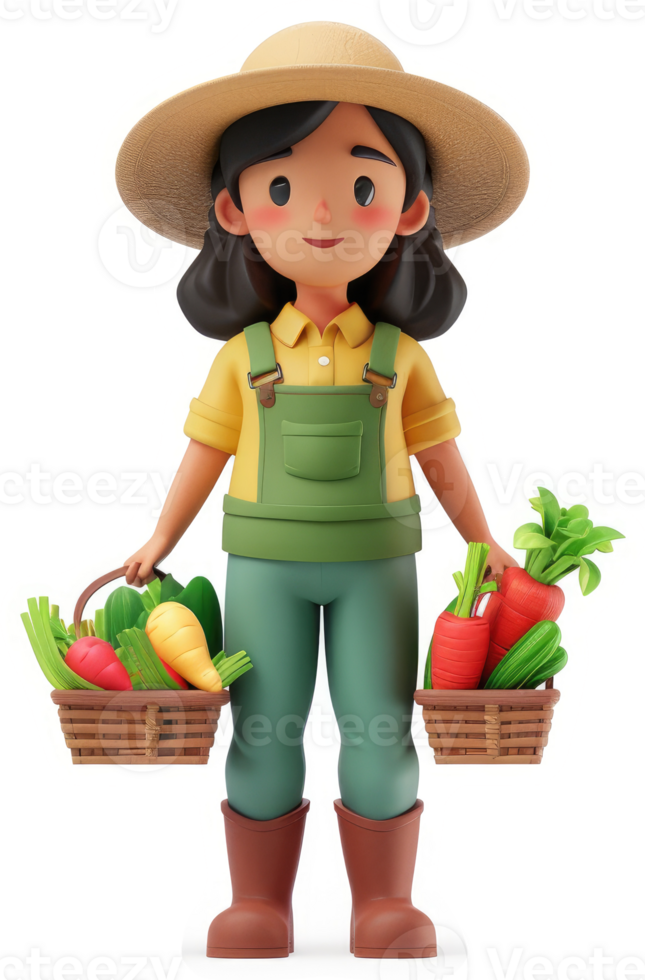 Smiling young farmer girl holding baskets of fresh produce. png