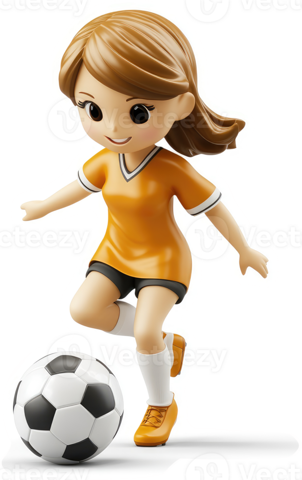 Smiling girl soccer player in dynamic action. png