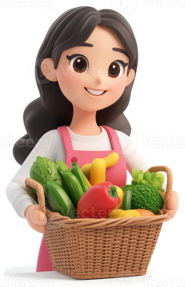 Smiling cartoon girl displays a basket of fresh produce. png
