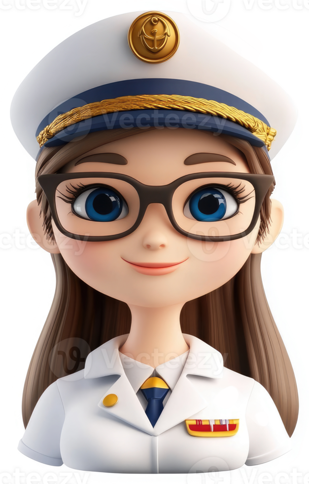 Smiling female naval officer in cartoon style. png