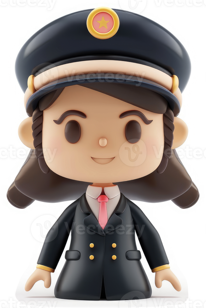 Smiling, cartoonish female train conductor in uniform. png