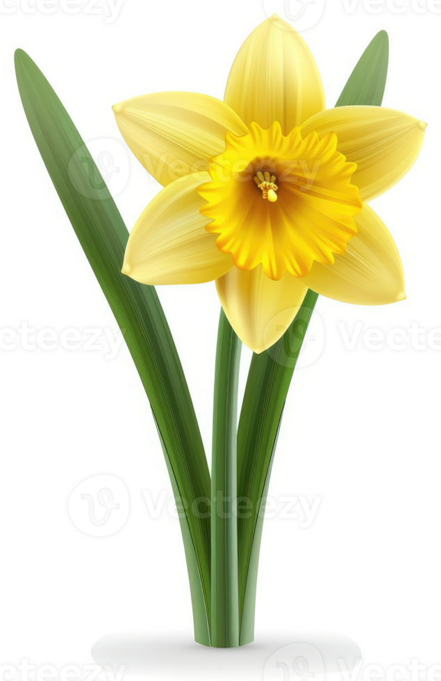 Vibrant yellow daffodil with green foliage. png