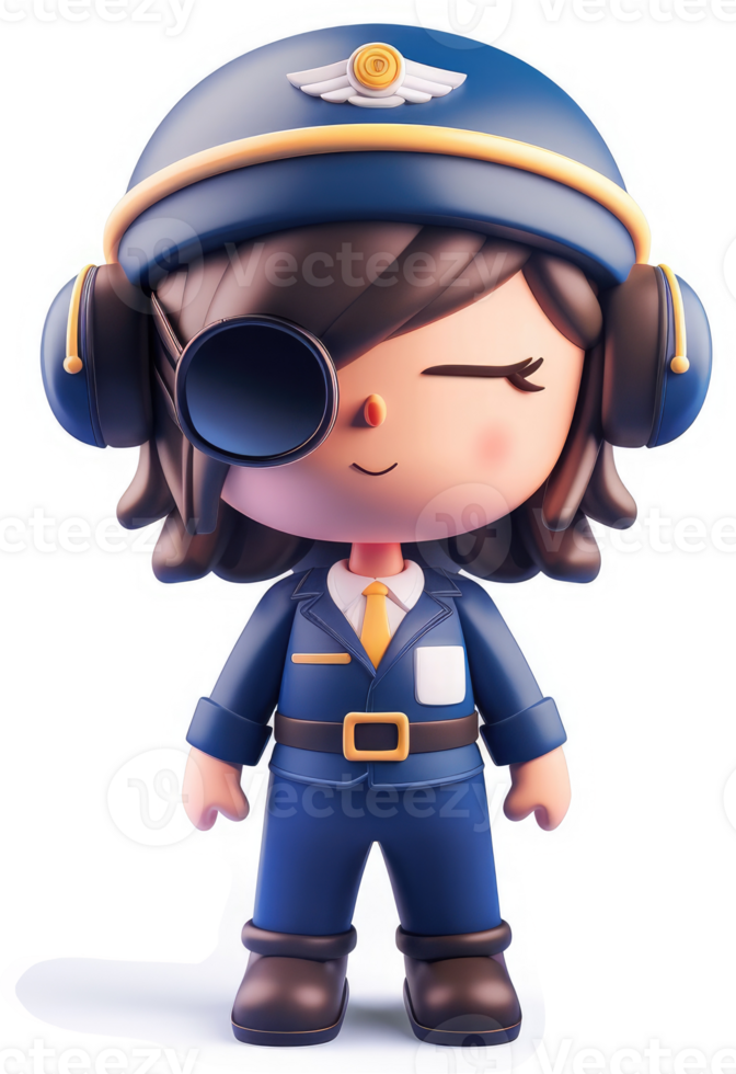 Cute, stylized pilot figure in blue uniform. png