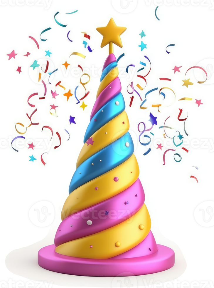 Colorful party hat with festive confetti shower. png
