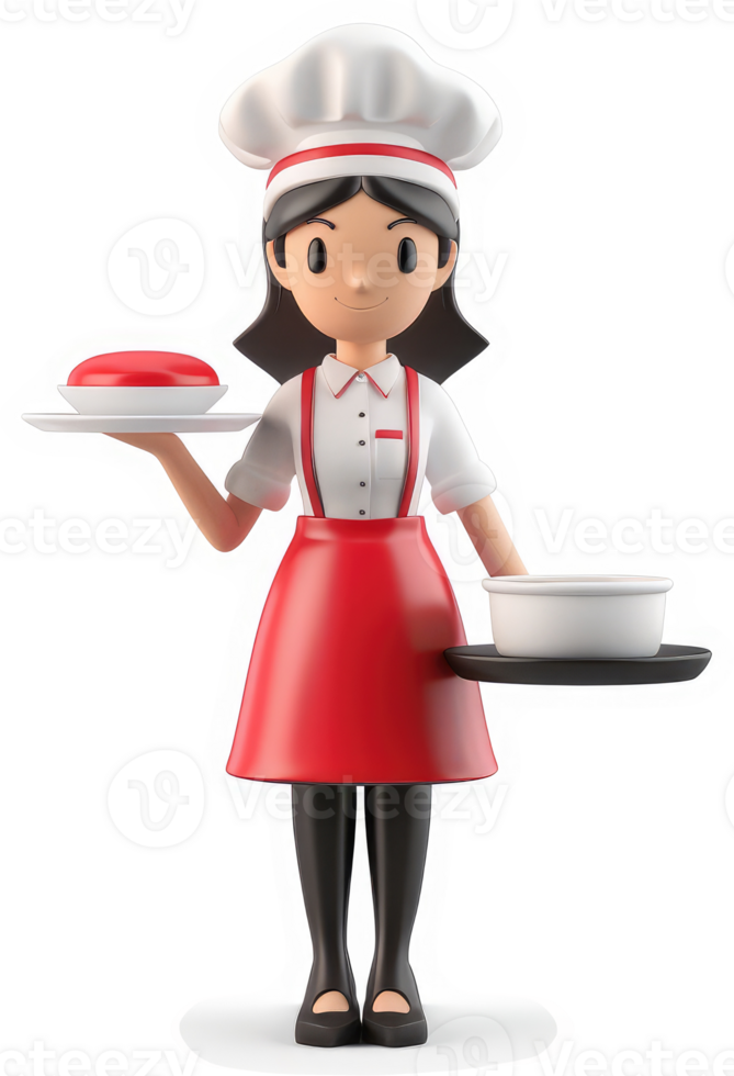 Smiling chef character presenting food on trays. png