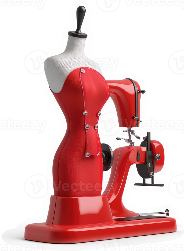 Vintage sewing machine and a tailored red dress form. png