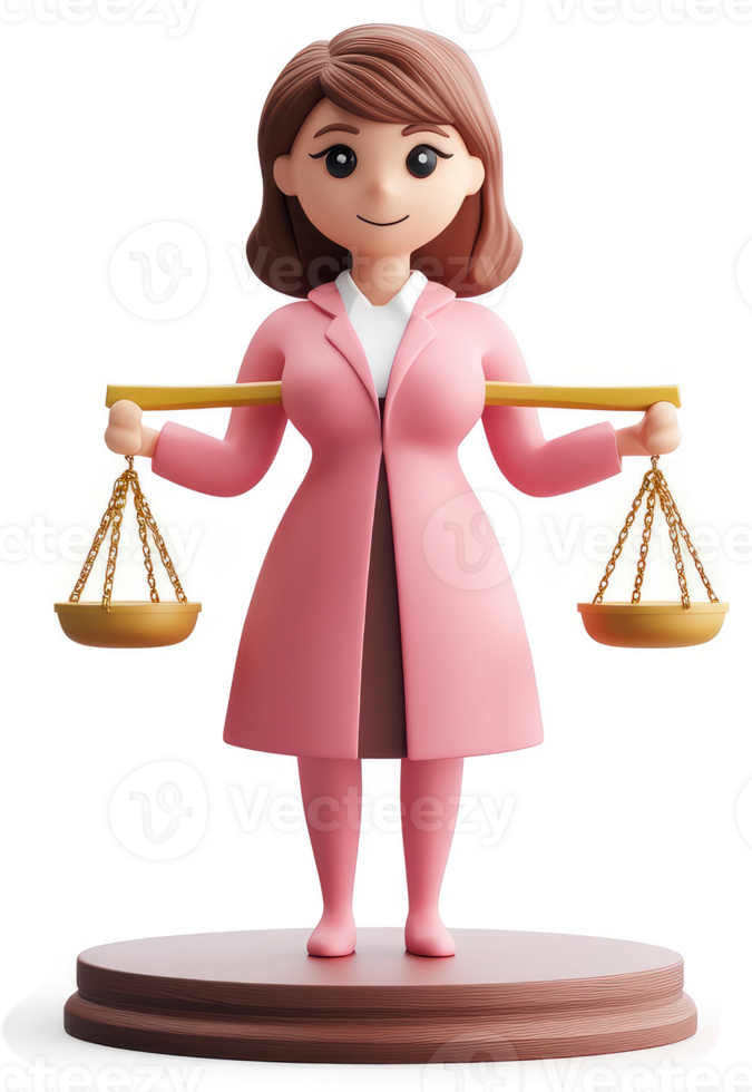 Smiling woman in a pink coat holds a golden scale. png