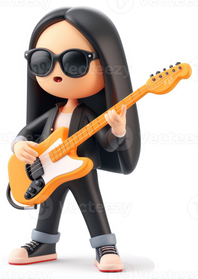 Cartoon girl plays electric bass guitar. png