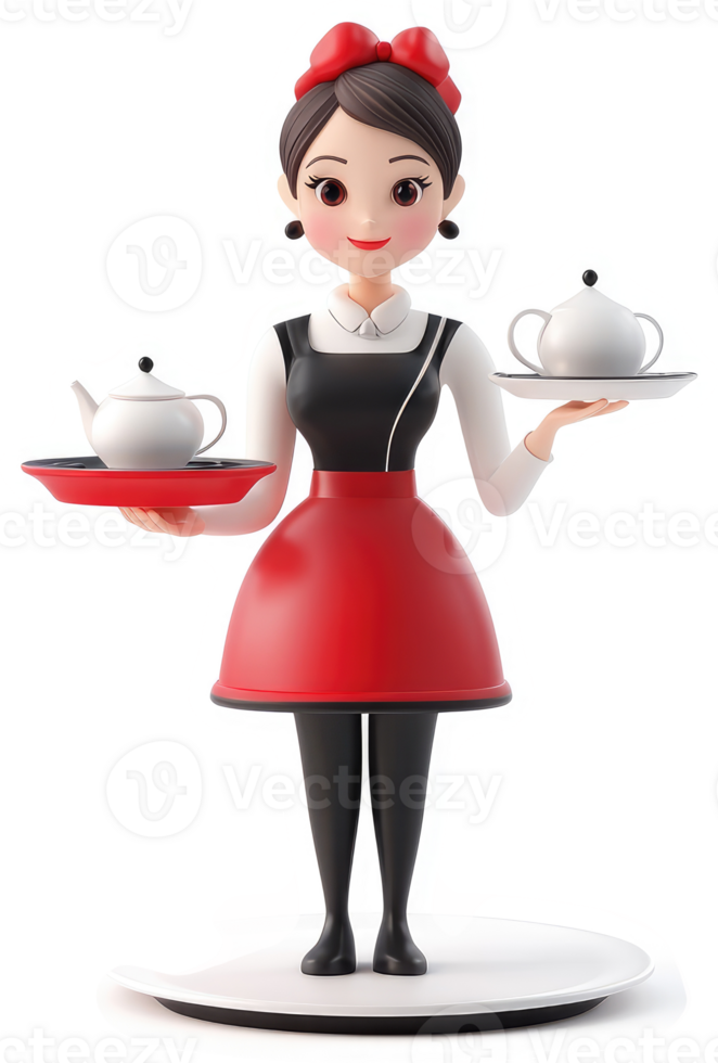 Smiling cafe worker presenting tea service. png