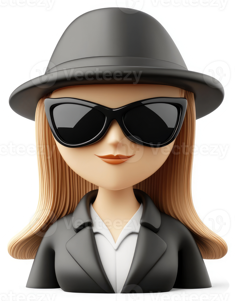Stylish female cartoon character in a black fedora and sunglasses. png