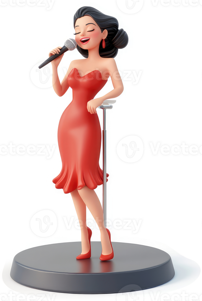 Animated female singer in a red dress, performing on stage. png