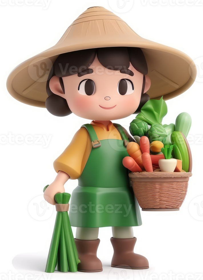 Cheerful cartoon farmer holds a basket of fresh produce. png