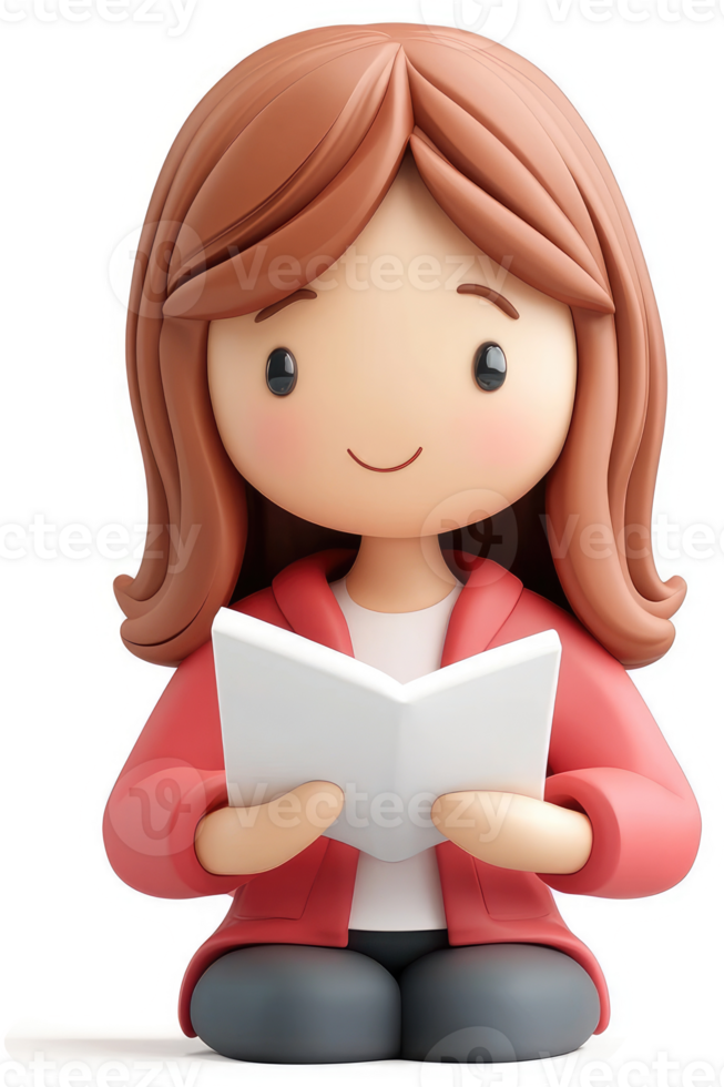 Smiling girl in a red jacket reads a book. png