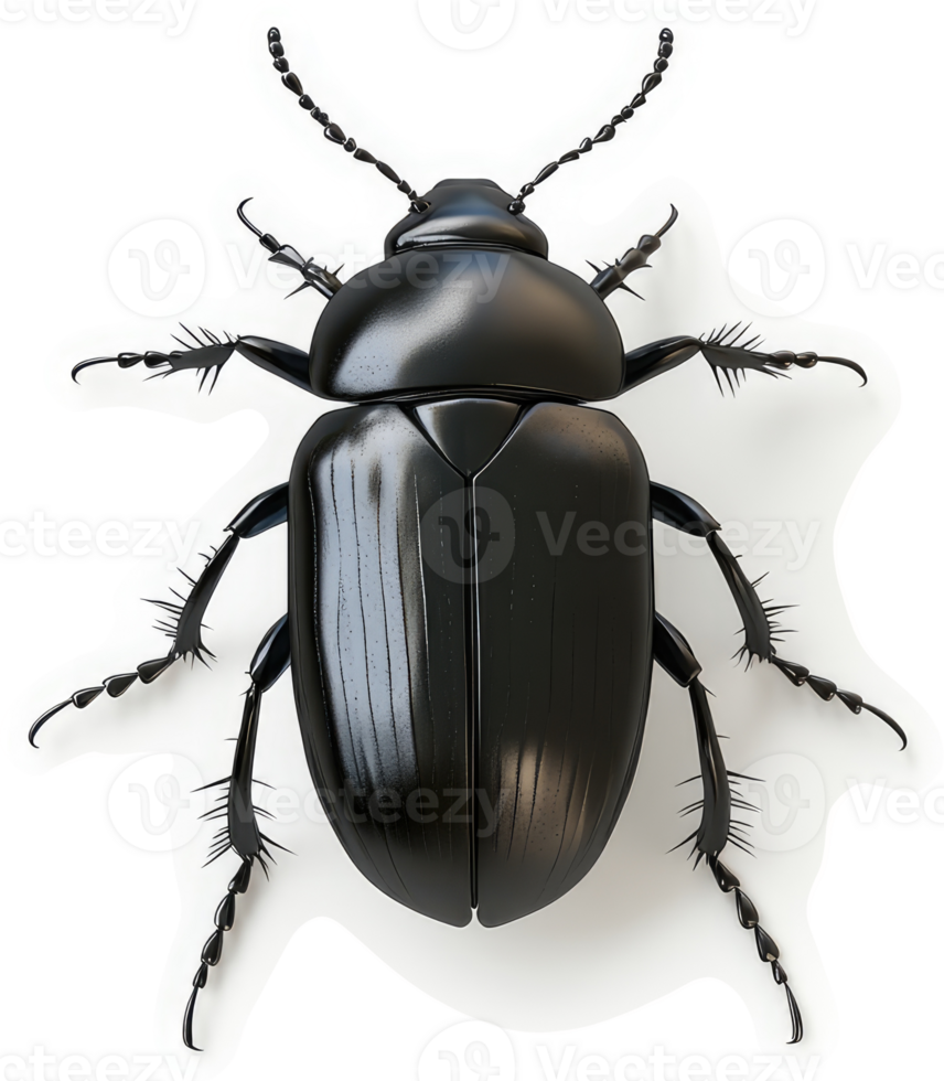 High-angle view of a glossy black beetle. png