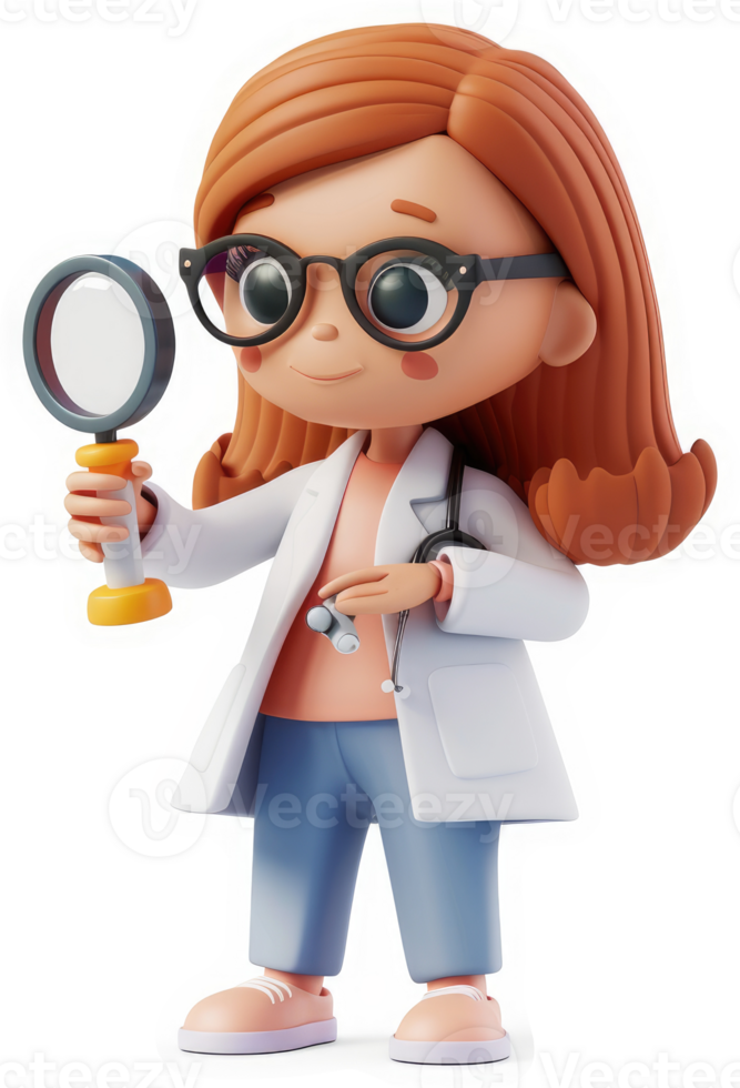 Smiling cartoon doctor examines with magnifying glass. png