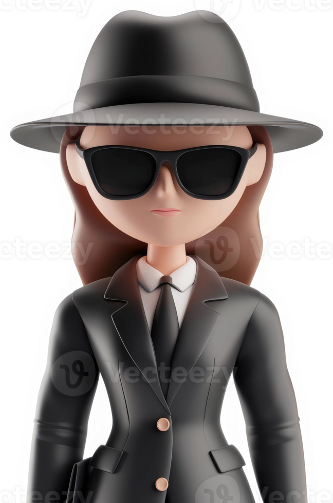 Stylish, cartoon female character in a dark business suit. png
